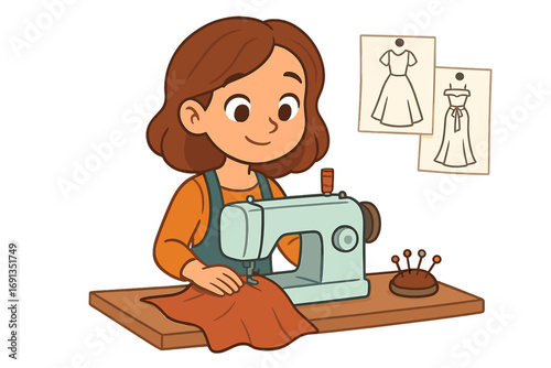 Young seamstress sewing clothes in atelier. Cartoon dressmaker or tailor character working on sewing machine. Concept for handmade fashion, crafting, and dress design.