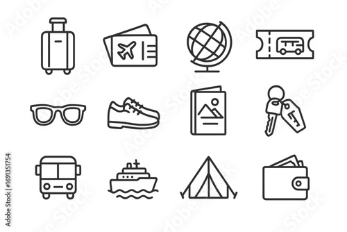 Travel Icons Collection. Outline icon set of travel essentials: suitcase, boarding pass, world globe, train