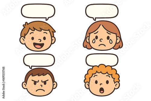 Kids cartoon faces with diverse emotions and speech bubbles. Vector set for emotional learning, social skills. Happy, sad, angry, surprised expressions for children's designs.