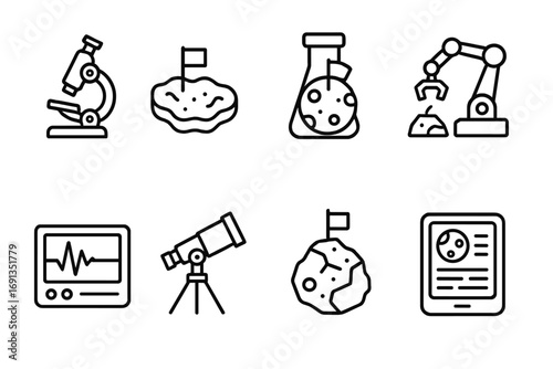 Mars Research Icons. Outline icon set of scientific research on Mars: microscope, soil sample, test tube,