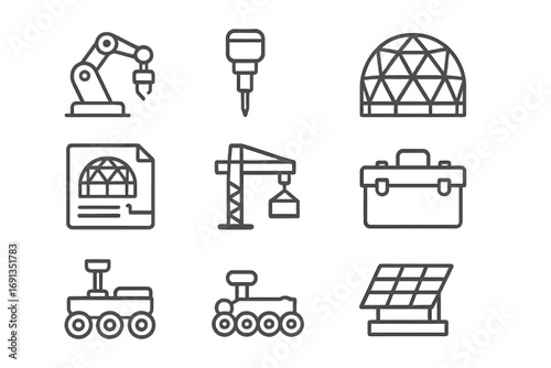 Mars Construction Icons. Outline icon set of space construction on Mars: robotic arm, drill, habitat frame,