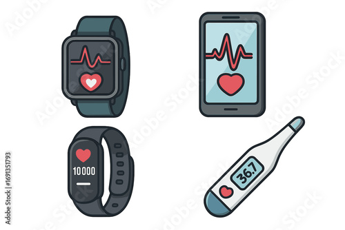 Health monitoring icons with smart devices. Medical data tracking tech. Smartwatch with heart rate, fitness tracker for steps, phone with ECG, and digital thermometer vector set.