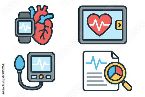 Health technology icon set for cardiology. Medical concepts for heart health monitoring, data analysis, smartwatch fitness tracker, blood pressure monitor, and ECG diagnostics.