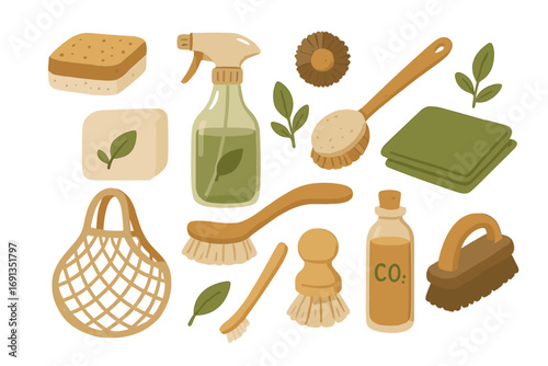 Eco-friendly cleaning vector set. Natural household products for zero waste living. Sustainable hygiene concept with reusable wooden brush, organic soap, spray, sponge, cloth.