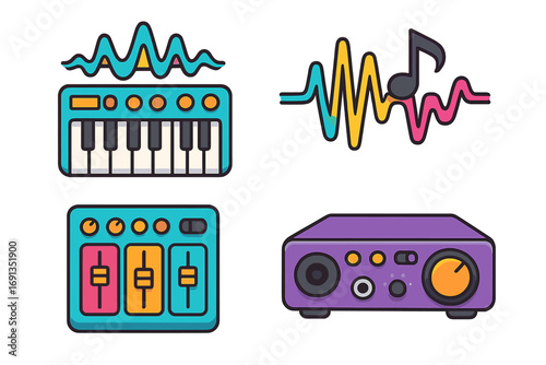 Music production icon set with synthesizer, mixer, audio interface, and sound waves. Cartoon vector illustrations for recording studio, electronic music, and sound design.