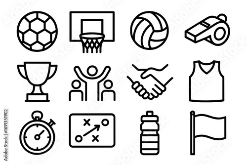 Sports Teamwork Icons. Outline icon set of sports teamwork: soccer ball, basketball hoop, volleyball, whistle,