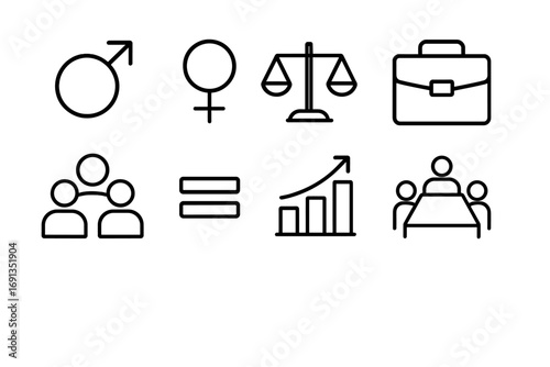 Gender Equality Icons. Outline icon set of gender equality at work: male symbol, female symbol, balance scale,