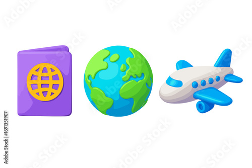 3D travel icon set with passport, globe, airplane. Cartoon vector illustration for vacation, tourism, journey. International flight, world adventure, and booking concept icons.