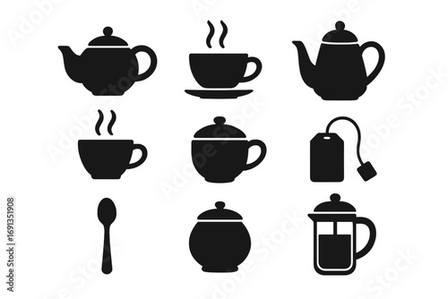Minimalist tea time icons set, silhouette teapots, cups, tea bags, spoons, sugar bowls, and accessories, vector cartoon illustration, transparent background, ordered collection