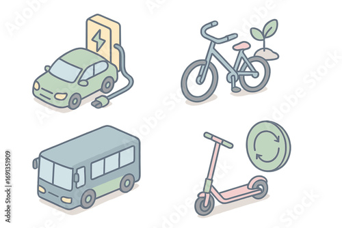 Sustainable urban mobility icons in pastel isometric style, electric car charging, eco-friendly bike, green public bus, electric scooter with recycling symbol, clean transport concept vector cartoon