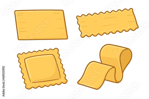 Set of various pasta dough sheets. Lasagna, pappardelle, and ravioli shapes. Italian cuisine ingredient for cooking. Vector cartoon flat illustration isolated on white.