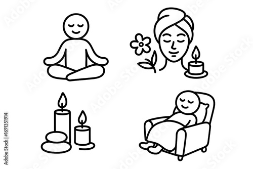 Relaxation elements minimalist doodles of meditation, spa, comfort, candles, and wellness activities, vector cartoon illustration set with transparent background, calming lifestyle icons