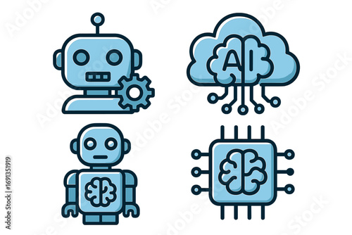Artificial intelligence icon set. AI robot, bot, and cyborg with gear. Cloud computing, data processing, and machine learning concepts. Brain in CPU processor chip. Vector.