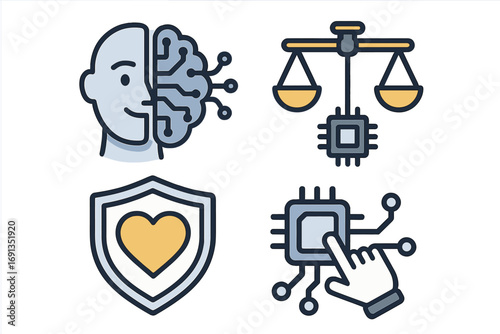 AI ethics icon set. Artificial intelligence concepts, justice, and balance. Technology safety and trust symbols. Human-AI interaction, machine learning brain, and cyborg mind.
