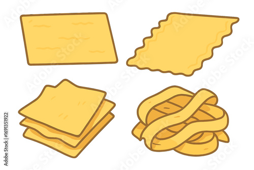 Set of different pasta shapes. Lasagna sheets, tagliatelle nest, fettuccine icon collection. Italian food ingredients for cooking. Traditional dough meal. Vector cartoon illustration.