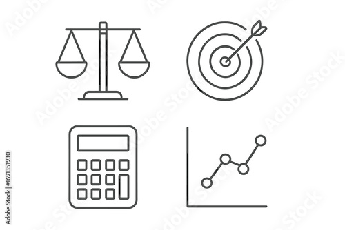 Scales target calculator diagram business line icon set, editable stroke minimalistic linear pictograms for cards apps banners posts, finance accounting symbols vector