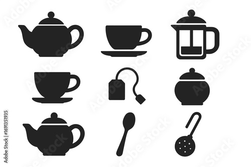 Minimalist Tea Time Icons Set with Silhouettes of Teapots, Tea Cups, Tea Bags, Spoons, and Infusers, Vector Cartoon Illustration, Transparent Background, Ordered Collection