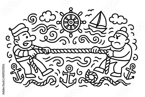 Funny tug of war cartoon illustration with sailors pulling rope, nautical anchors, sailing boat, ship steering wheel, marine waves and clouds, playful maritime competition vector art