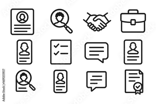 Diversity Recruitment Icons. Outline icon set of diversity recruitment: resume, magnifying glass, handshake,