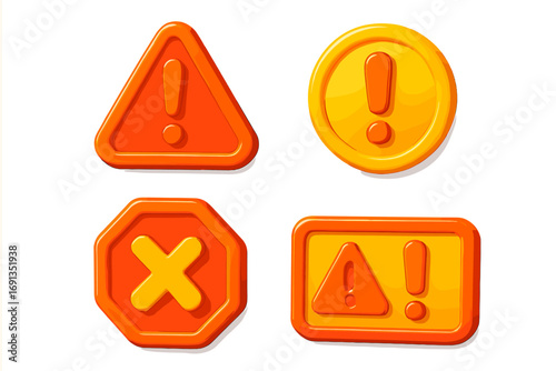 3D warning icon set. Vector cartoon alert, caution, and danger signs. Attention symbol with exclamation mark and stop cross mark for error notification. UI UX element.