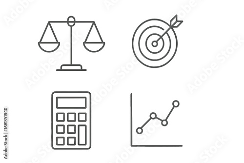 Business icon pack with scales, target, calculator, and diagram. Editable stroke minimalistic linear pictograms for cards, apps, banners, and social media posts. Vector design elements.