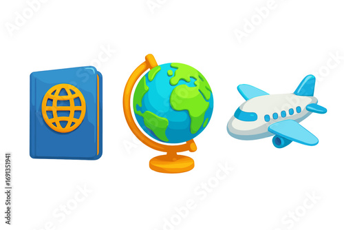 3D travel icons set with passport, globe, and airplane. Vector cartoon illustration for tourism, vacation, and international journey concept. Colorful flight and booking symbols.