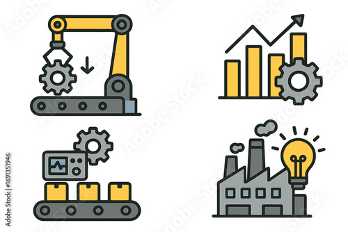 Industrial automation icon set. Manufacturing process with robotic arm on conveyor belt. Production efficiency, growth chart, factory innovation, machinery vector symbols.
