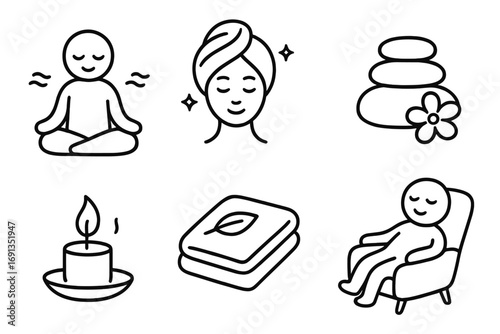 Minimalist relaxation elements doodles set with meditation pose, spa towel wrap, zen stones and flower, scented candle, soft towels, and comfy armchair for calm comfort and wellness