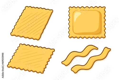 Italian pasta vector set with ravioli, lasagna sheets, and noodles. Cartoon food icons for cooking concepts, restaurant menus, and culinary graphic design. Isolated ingredients.