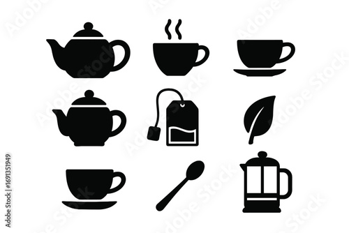 Minimalist black silhouettes of tea time icons including teapots, cups with saucers, tea bag, spoon, leaf, and French press. Vector cartoon illustration set for tea lovers and beverage concepts