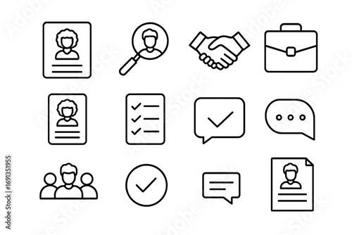 Diversity Recruitment Icons. Outline icon set of diversity recruitment: resume, magnifying glass, handshake,