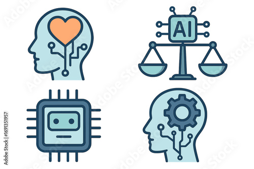 AI icon set for artificial intelligence concepts. Ethics, balance, law with justice scale. Human mind with emotion heart and logic gear. Robot processor chip technology vector.