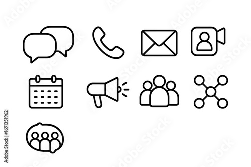 Team Communication Icons. Outline icon set of team communication: chat bubbles, phone, email, video call,