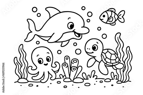 Underwater adventure with dolphin, octopus, turtle, and fish in playful cartoon outline style, vector illustration with seaweed, coral, bubbles, and ocean floor elements