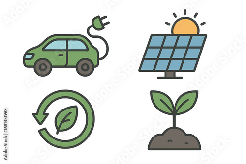 Set of renewable energy icons. Eco friendly concept with electric car, solar panel, recycling symbol, and plant sprout. Green energy and sustainability vector illustration.