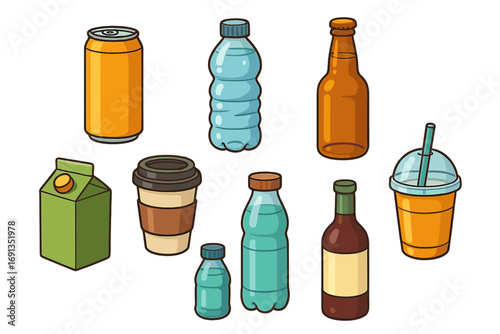 Vector cartoon illustration set of various beverage containers. Collection of drink icons including plastic water bottle, soda can, coffee cup, juice carton, and glass bottles.