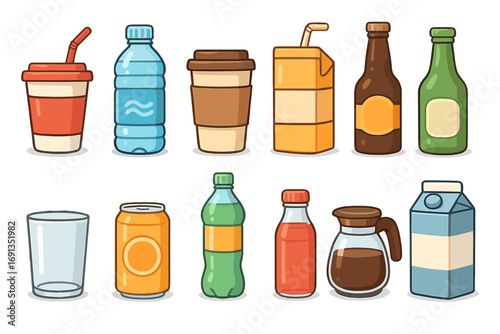Beverage container collection. Drink packaging set. Vector cartoon icons of water, juice, soda, coffee, milk, and beer bottles, cans, and cups. Isolated on white.