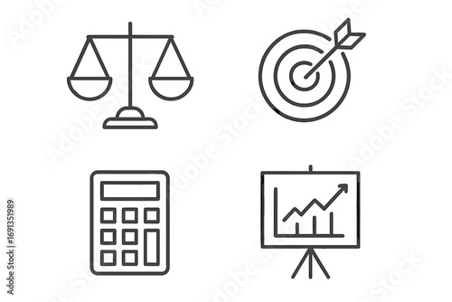 Scales balance justice target arrow calculator finance chart business icons set editable stroke minimalistic linear pictogram vector design app card banner post elements