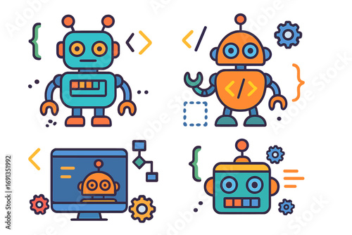 Robot icon set for coding and software development. Chatbot mascot character. Vector illustration of cute bots for programming, AI, automation, and technology concepts.