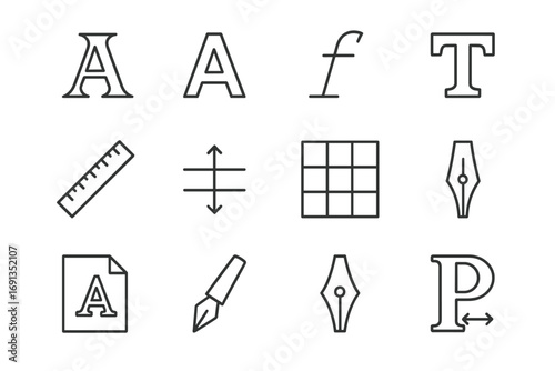 Typography Icon Grid. Outline icon set of typography exploration: serif letter, sans serif letter, italic,