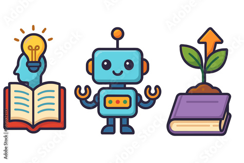 Modern education concept icons. Robotics, AI learning, knowledge growth vector set. Head idea bulb, cute robot, plant book symbols for innovation, progress and development.