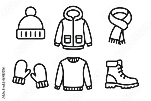 Winter clothing essentials minimalist linear vector set. Warm woolen hat, hooded jacket, cozy scarf, mittens, sweater, sturdy winter boots. Cold weather apparel icons.