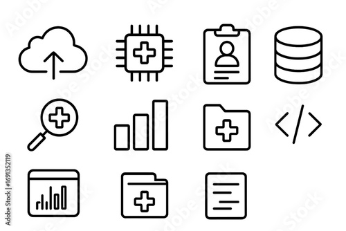 Medical Data Icons Grid. Outline icon set of medical data analysis: cloud storage, AI chip, patient chart,