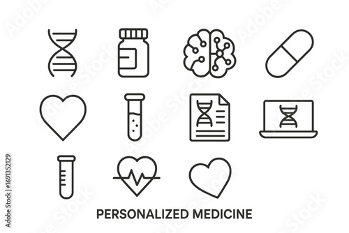 Personalized Medicine Icons. Outline icon set of personalized medicine: DNA helix, prescription bottle, AI