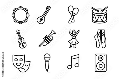 Cultural Music Icon Set. Outline icon set of cultural music and dance: tambourine, sitar, maracas, drum,