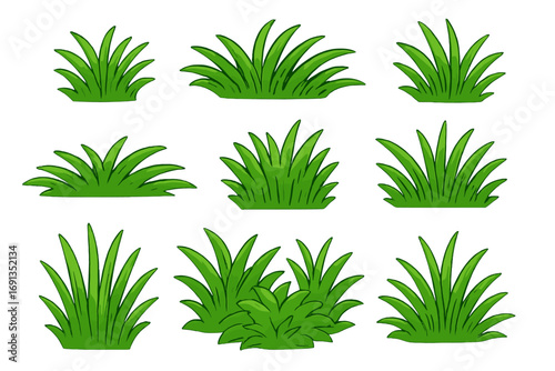Green grass clumps set for landscaping design. Vector cartoon illustration of lush lawn or garden plant elements. Natural spring or summer foliage, tufts and bushes pack.