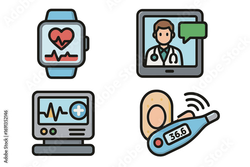 Telemedicine and digital health icons. Online medical consultation, remote patient monitoring. Health tracker smartwatch, vital signs monitor, smart thermometer vector icon set.