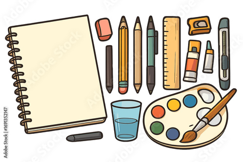 Creative art supplies for drawing and painting, vector flat lay illustration. Artist tools set with sketchbook, watercolor palette, brush, pencils, and office stationery.