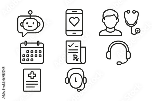 Virtual Health Icons. Outline icon set of virtual health assistants: chatbot bubble, smartphone, AI avatar,