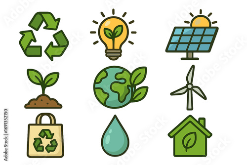 Eco friendly icon set. Sustainability, renewable energy and environmental conservation concept. Ecology vector symbols like recycling, solar panel, wind turbine and green home.